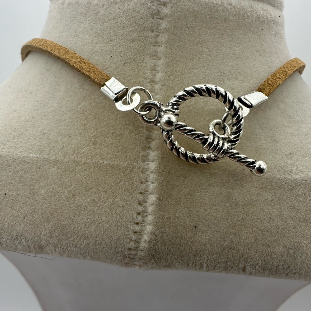 Brown and Tan Coral Fossil Donut Pendant Necklace on Brown Faux Suede - Picture 11 of 13